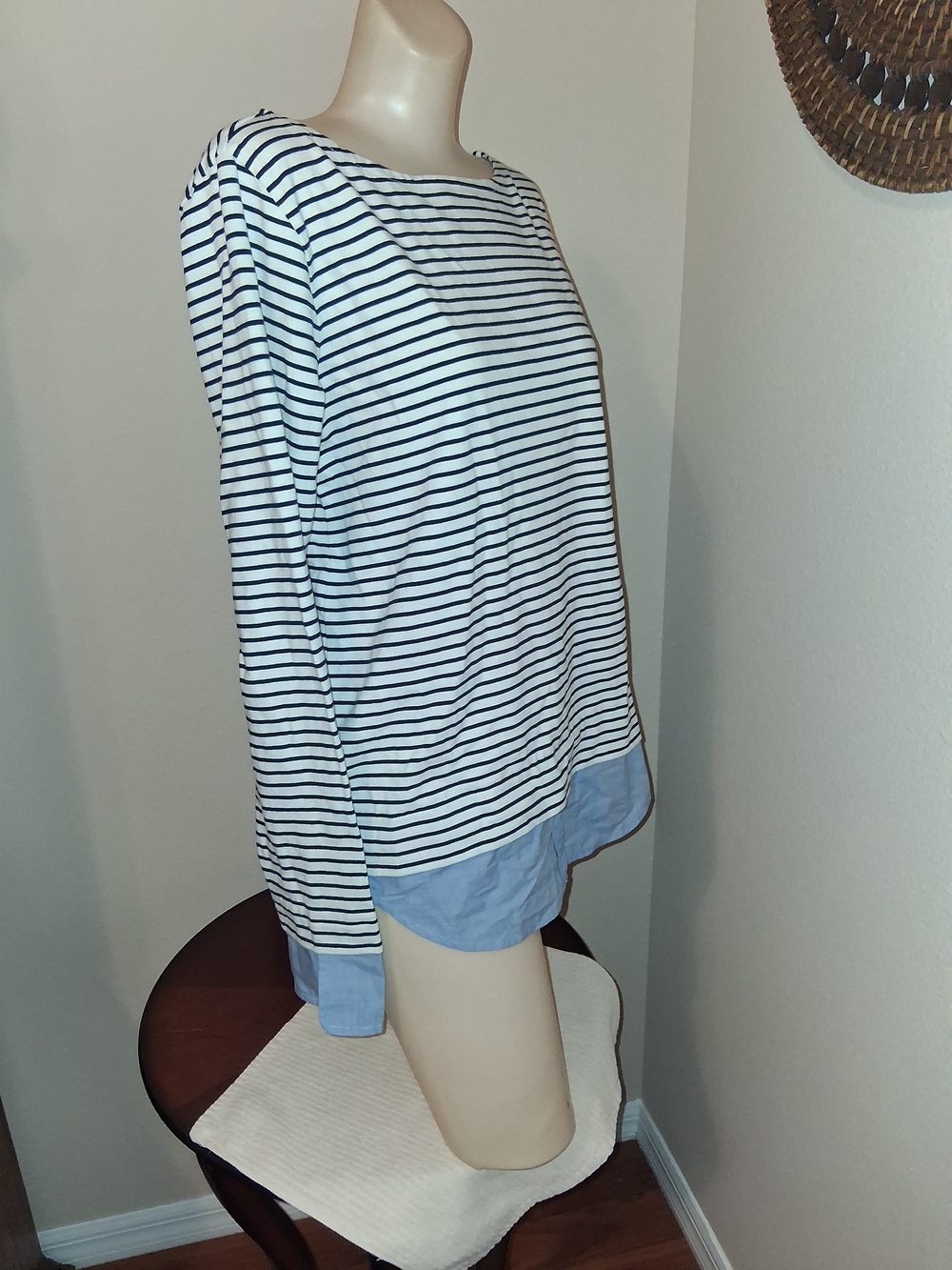 J Crew Striped Long-Sleeve Layered Hem Tee - White & Navy